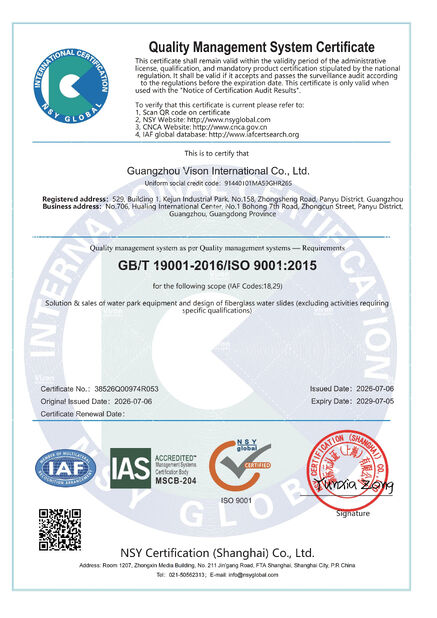 ΚΙΝΑ GUANGZHOU VISON INTERNATIONAL WATER PARK EQUIPMENT CO.,LTD Πιστοποιήσεις
